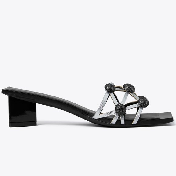 Tory Burch $670 CRYSTAL BOBBLE HEELED MULE SANDAL Silver Perfect Black 10 - Picture 6 of 6